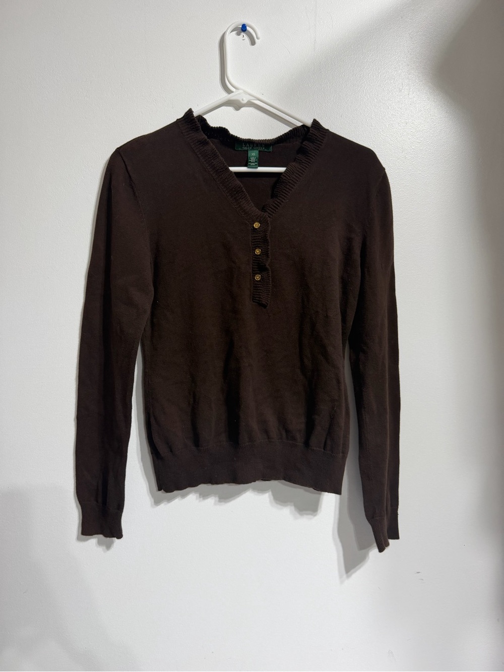 Lauren Ralph Lauren chocolate Brown Cotton Henley Sweater XS 100% cotton
